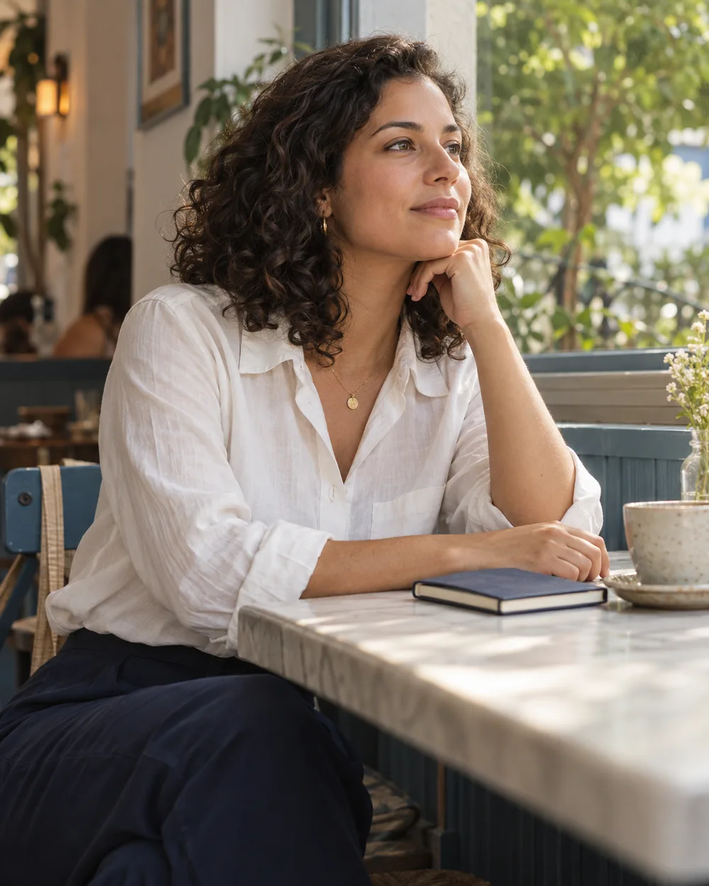 Cena ilustrativa de uma mulher adulta em um momento de pausa junto à janela